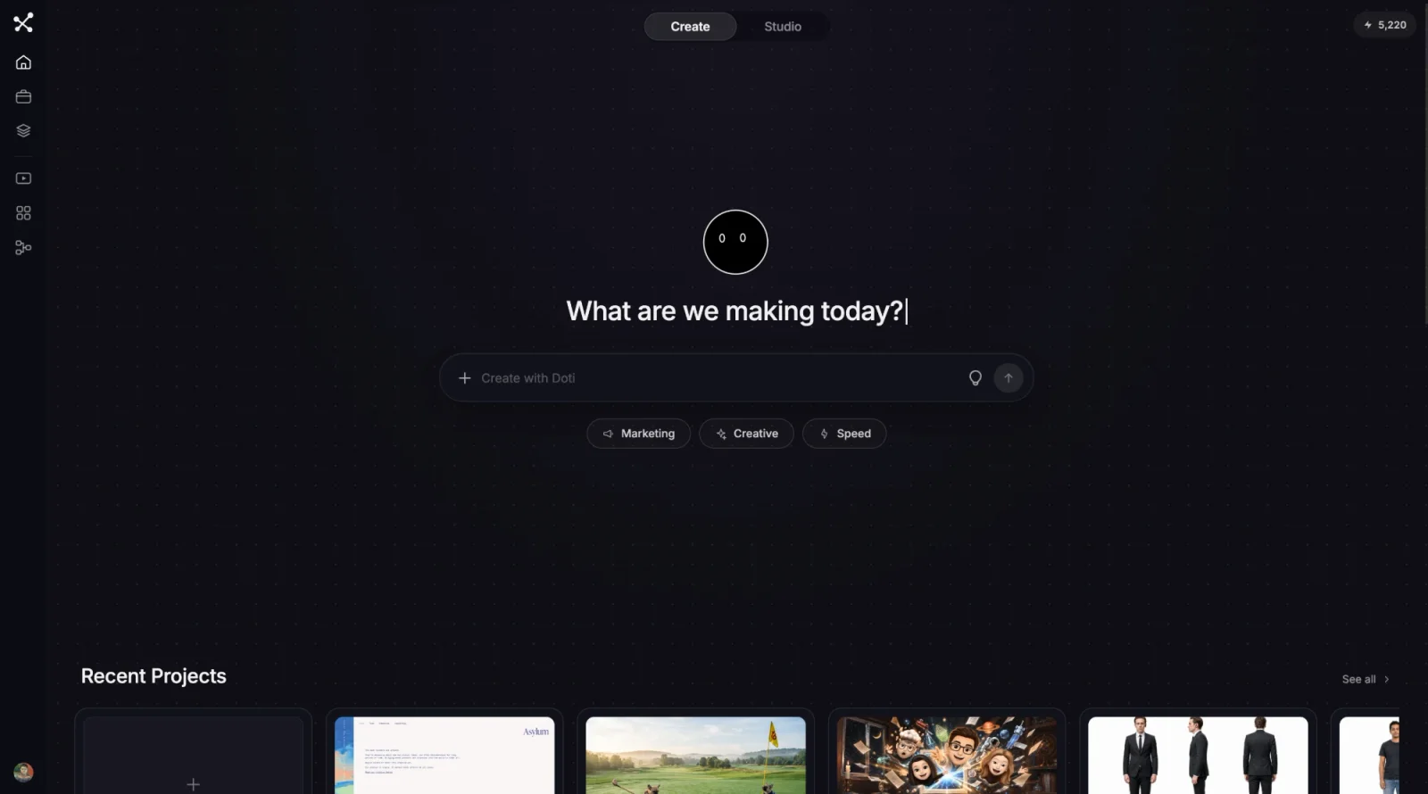 The creative agent, open on a dark canvas: one prompt field under “What are we making today?”, a Create and Studio switch, and a shelf of recent projects below it.